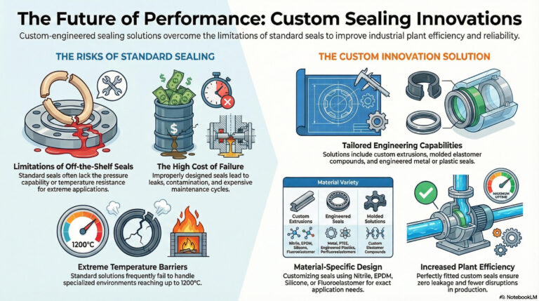 Infographic showing key innovations in industrial sealing technologies, including custom O-rings, advanced materials, and engineered seal designs.